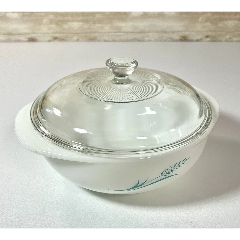 Vintage Pyrex 1.5 QT Turquoise Blue Wheat 023 Round Casserole Dish w/ Lid
